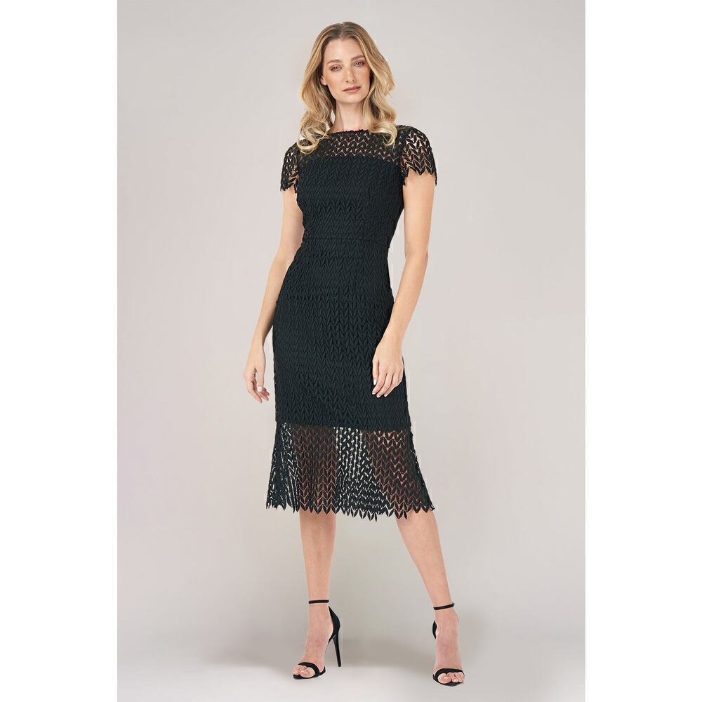 Kay Unger New York Tatum Dress Lace Overlay Short Sleeve Midi Black Size 10